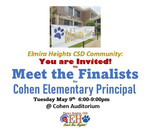 Meet the finalists for Cohen Elementary Principal 5/9 from 6-9pm at Cohen Auditorium